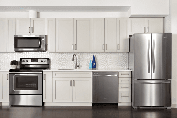 Elegant, gray finish cabinetry with sleek hardware