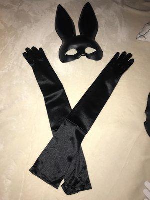 Bunny ears mask and satin gloves.