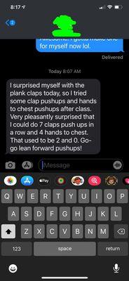 A text from a client letting us know her results of some of the hard work she's been putting into the group classes.