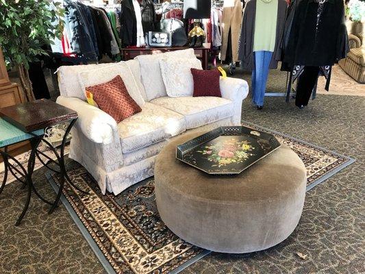 Mid-century Sofa and ottoman.  Rectangular tile work tray with reticulated edge.