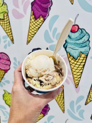 Small cup, 2 scoops, $4. Pictured: Peanut butter swirl and piece of cake