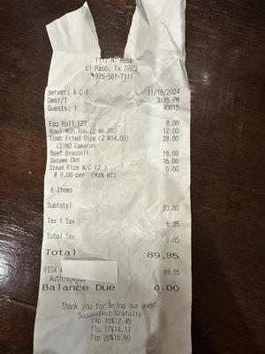 Receipt of the high prices for awful food.