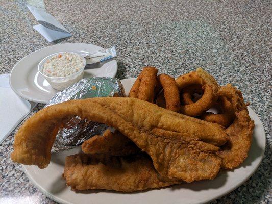 Tuesday All-day Special - Fried Whitefish w/slaw, hushpuppy rings, baked potato, (sleeve of sour cream for potato.)