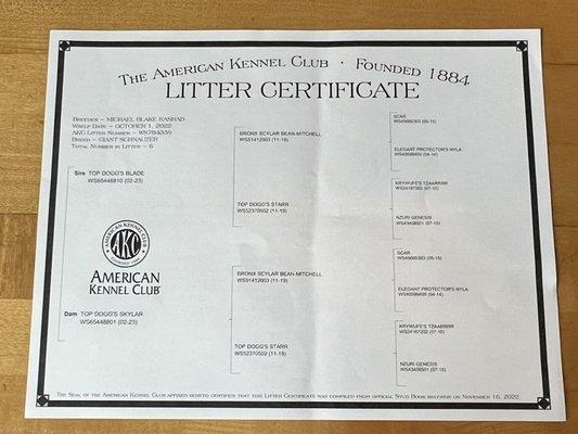 Litter certificate issued to register my pup