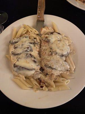 Chicken and pasta dish with filet mignon on top. SO DELICIOUS