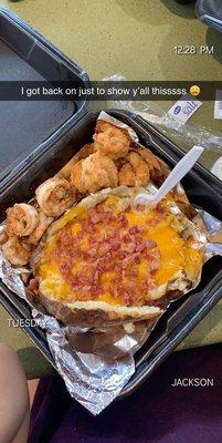 Fish and shrimp (fried), sub fries for loaded spud, add 5 grilled shrimp