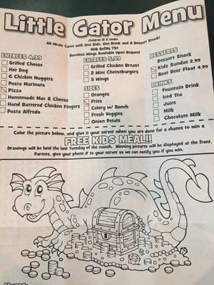 Kids Menu. Note: it includes a dessert snack, which is a rice krispy treat.