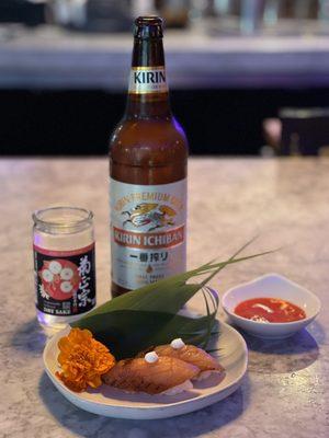 Coffee cured salmon with a side of Clever Koi Sriracha, kiku masamune sake and Kirin Ichiban beer!