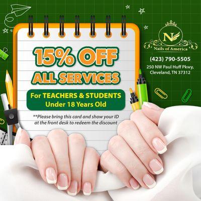 !

Teachers and students under 18 years old, this one's for YOU! 
Enjoy 15% OFF ALL SERVICES