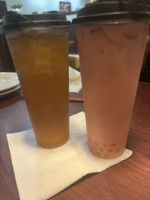 Strawberry milk boba tea and rose rose tea with boba, delicious drinks