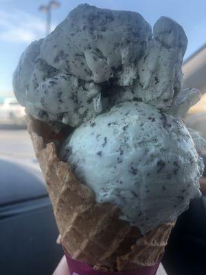 Two scoops of Mint Chocolate Chip in a Waffle Cone!!!