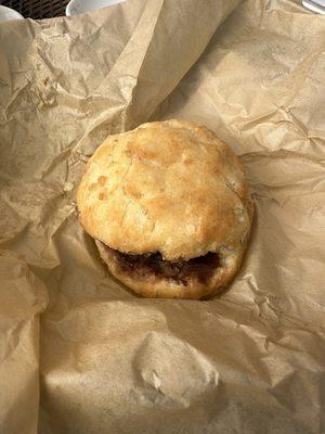 Sausage, apple butter, biscuit