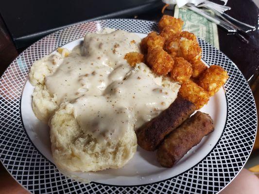 Amazing tater tots, sausage links, & lukewarm gravy over biscuits for drag brunch.