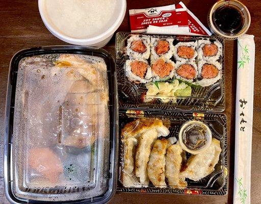 Teriyaki combo, tuna roll and gyoza packaging