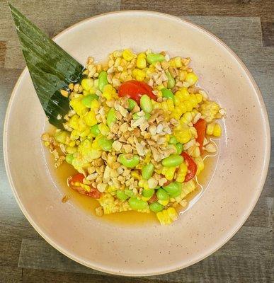 Tum Khao Pod (Corn Salad) spicy corn salad with tomato, edamame, peanut