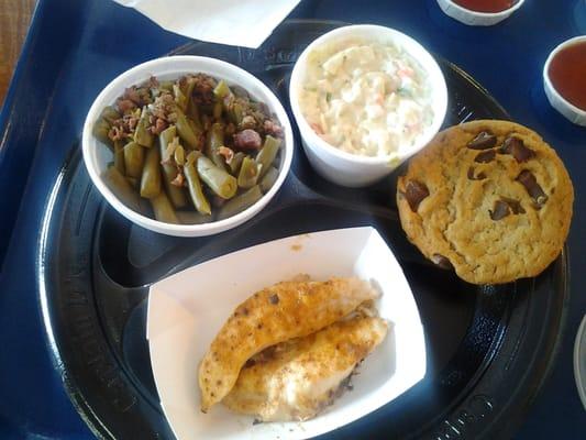 Grilled fish kids meal with green beans, slaw, & cookie!