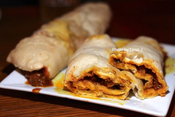 2 pieces Chola Bhatura ($6.50 per piece) - chickpea curry with tamarind mint sauce, wrapped in fried bread