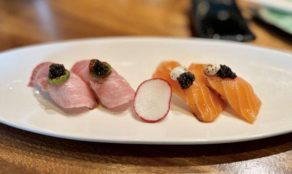 Otoro (left) and Salmon Nigiri (right)