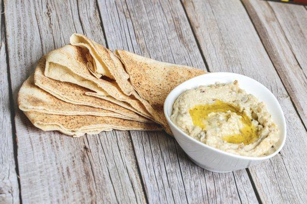 Baba ghannouj, a delicious eggplant dip. Served with pita bread