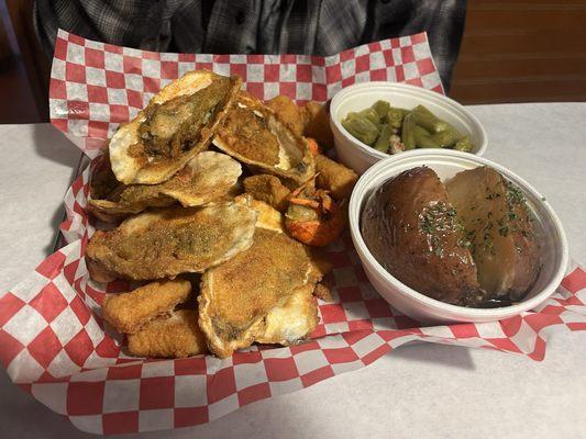 Swamp bucket Catfish bites Fried oyster Crawfish Side Red potato Side green beans