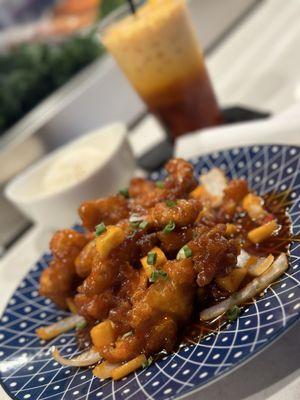 Bangkok General Tso's Chicken served with rice.