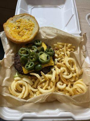 Jalapeño burger with curly fries