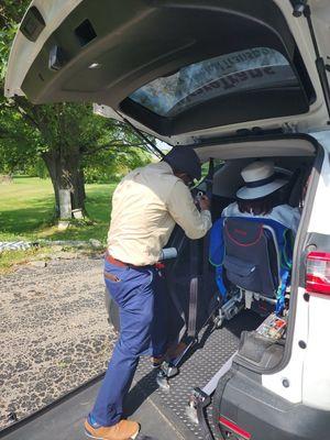 loading Mrs Powell up for Sunday church service ,she loves attending Berean Christian church in Stone Mountain