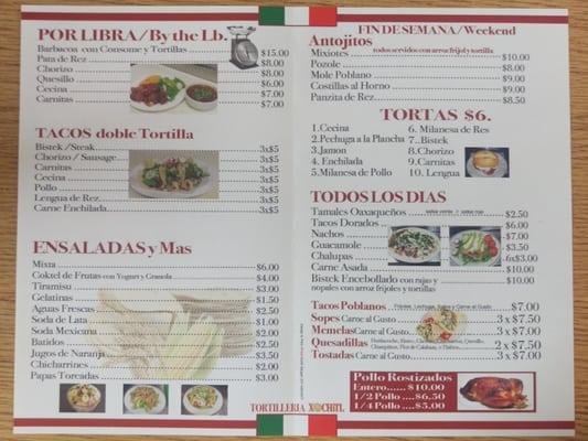 Xochitl Tortilleria Mexicana y Pizzeria - Menu 2 Back