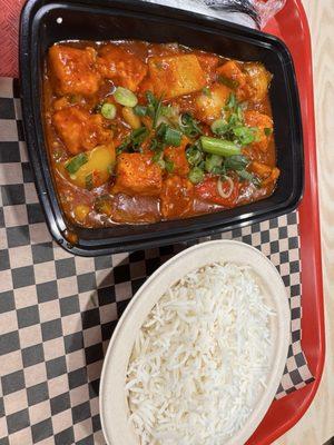 Paneer Chili with basmati rice. Nicely sliced cooked lovely.