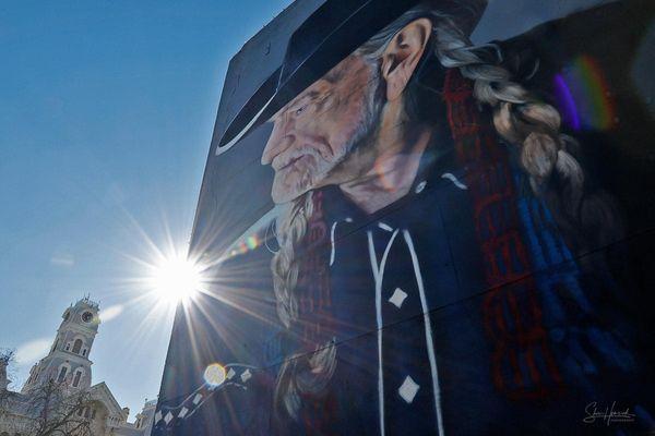 Willie Nelson mural in Hillsboro Texas.  Willie looks toward the Hill County Courthouse which he had a part in saving.  Thank you Willie.