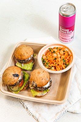 Slider Hungry Lunch Box comes with three sliders, a side and a drink.