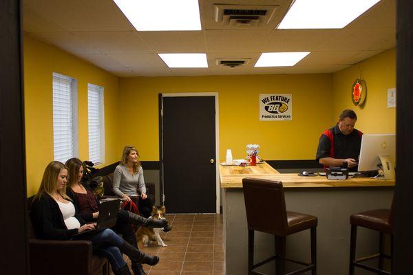 Comfy, dog friendly waiting room. We will get you back on the road FASTER AND CHEAPER than any dealership.