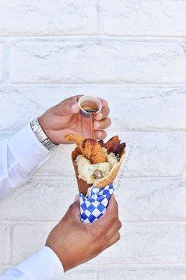 the dipper (waffle cone, mashed potatoes, bacon, chicken tenders) 07.24.18