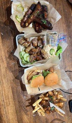 St Louis single bone ribs: Sausage pimento cheese and crackers; pork belly blt sliders; poutine fries