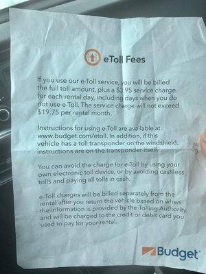 NOT convenience! If make unfortunate choice to use once - & ONLY 1st day of rental - still get charged every day of rental for toll-service.