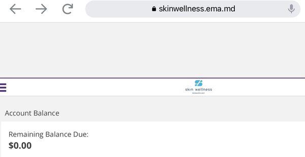 Screenshot shows my $0 balance on patient portal. Despite this, Skin Wellness Dermatology turned me into a bill collector saying I owe $50.