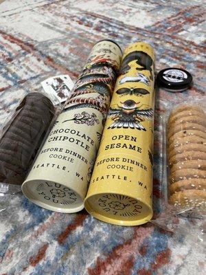 Chocolate Chipotle and Open Sesame cookie tins. Two stacks of cookies in each tin. Love the tin designs and got a temp tattoo in one too