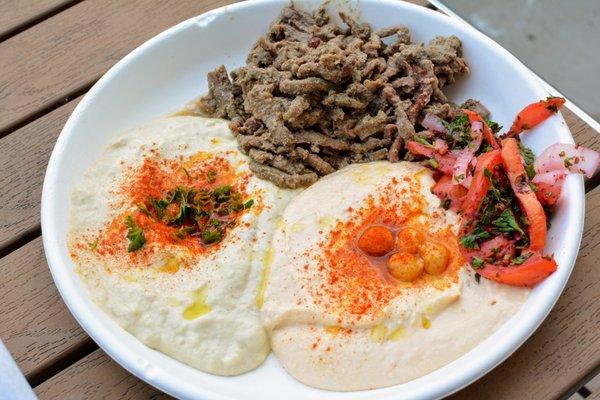 Steak Shawarma Platter with Spicy Hommus and Baba Ghanoush