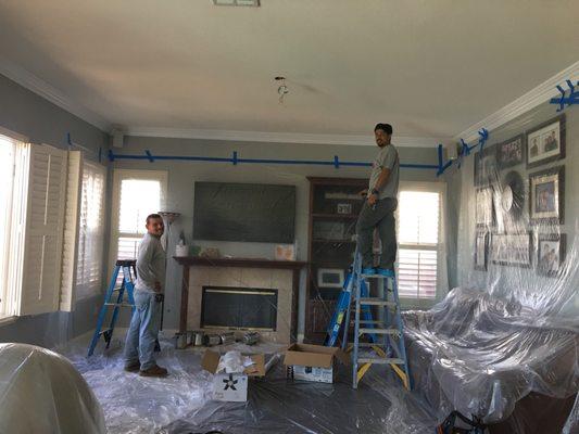 Benny and Peter place plastic before installing LED recessed lighting and a DC ceiling fan. Awesome job keeping my home immaculately clean!