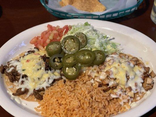 Tostadas, one Beef and one Chicken. Great flavor, and perfectly flavored rice.