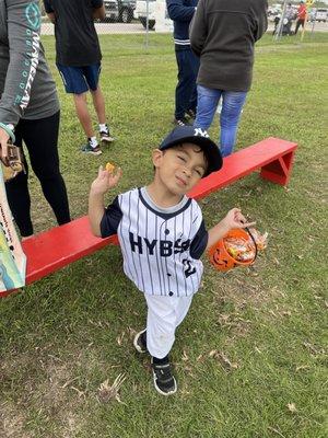 happy camper. lol had a good game at bat and on field.