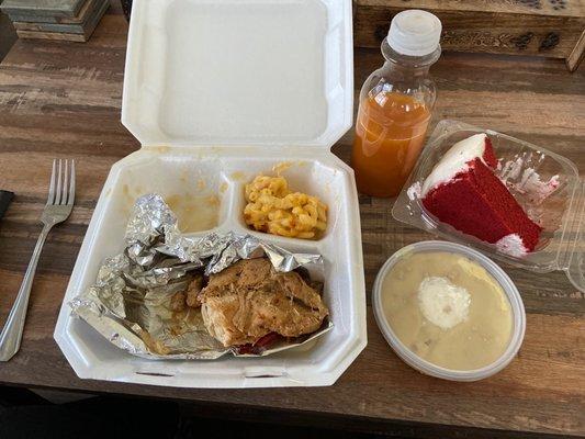 Baked Chicken Lunch Combo with velveeta macaroni, butter beans (not pictured), Sweet Fruit Tea, Red Velvet Cake, and Banana Pudding