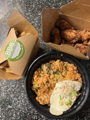 Soy Garlic Wings, Kimchi Fried Rice, French Fries