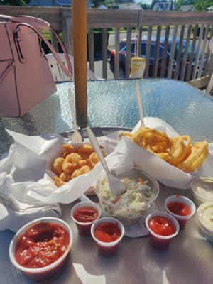 Fried shrimp, onion rings and cole slaw.