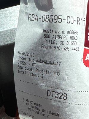 Receipt showing where puchased