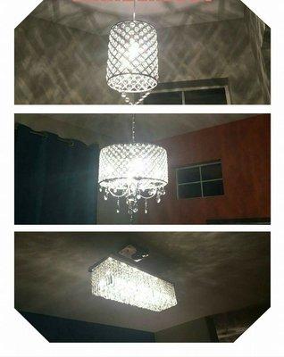 Beautiful Pottery Barn crystal fixtures.  A grand total of 180 crystals installed by hand on each fixture.  They're simply gorgeous!!