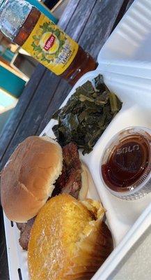 Rib tip sandwich and collard greens