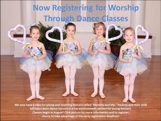 Worship Through Dance Ballet and Jazz classes are available in for Spring and Fall semesters.  Girls from 18 months- 5th grade.