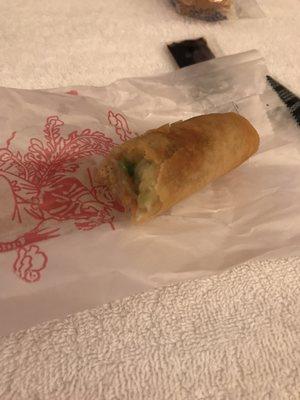 Egg roll. Rock hard on the outside, complete mush on the inside