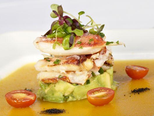 Dungeness and Lobster Salad with yellow Tomao Gazpacho